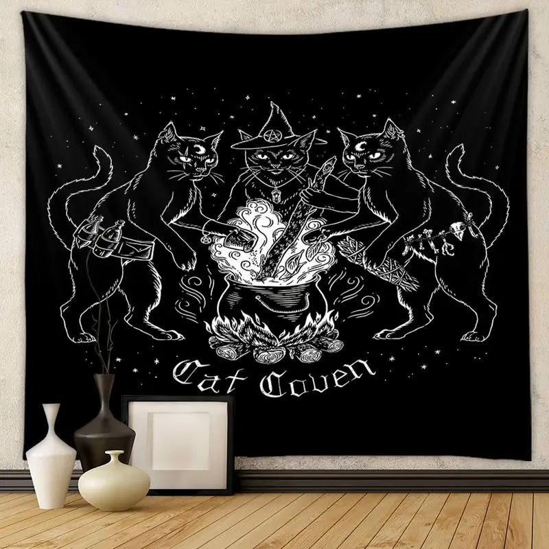 VIKAMA Three Black Witch Cats Tapestry Cauldron Magic Spell Stars Occult Soft Washable for Living Room Bedroom Decor