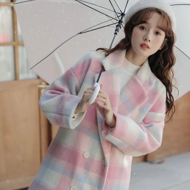 Pink woolen coat women\'s winter thickened 2023 new plaid small man gentle wind Korean long coat women