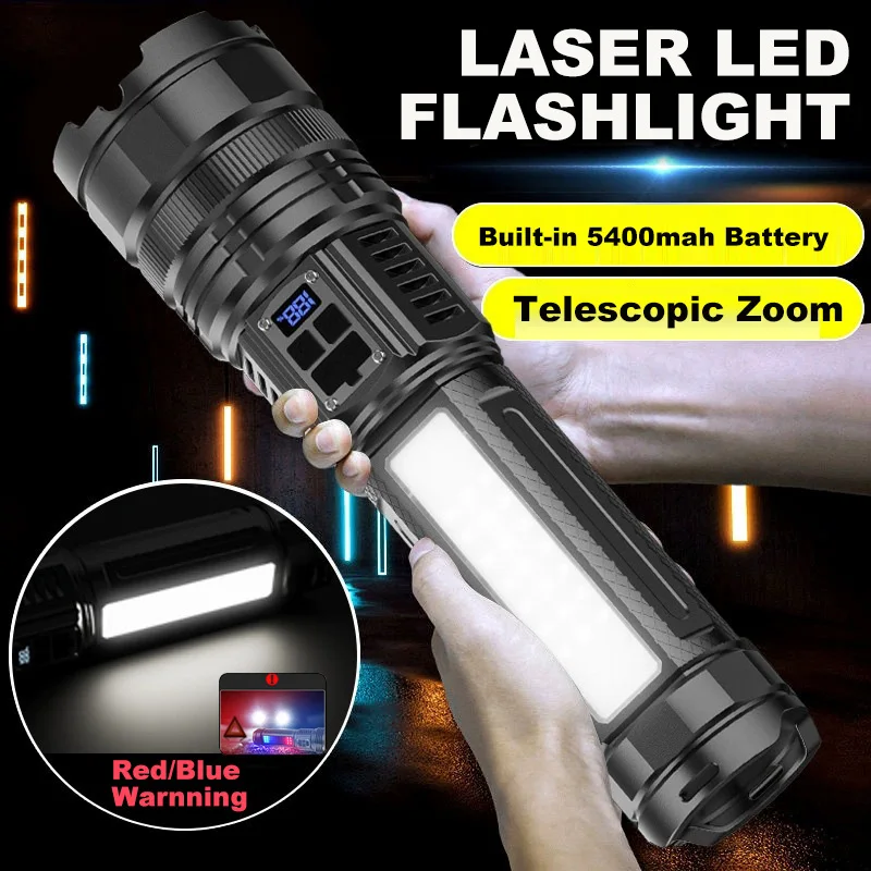 

600W High Power Portable Flashlight LED Spotlight Wick Long-range Torch USB Emergency Red and Blue COB Work Light For Camping