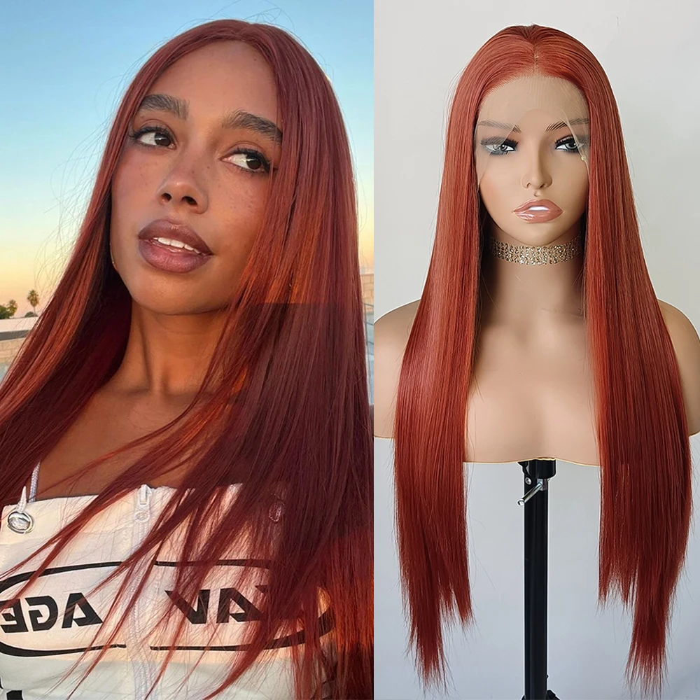 13X4 Copper Red Straight Lace Wig Synthetic Frontal Lace Wigs For Women Long Silk Straight Wig Red Hair Cosplay Daily Wear Life