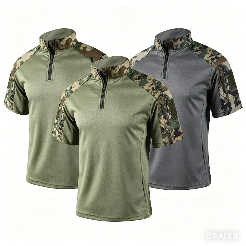 Men's Airsoft Tactical Shirt Quick Dry 1/4 Zip Camo Short Sleeve Military Combat T-Shirt for Outdoor Hunting Hiking Camping Tops
