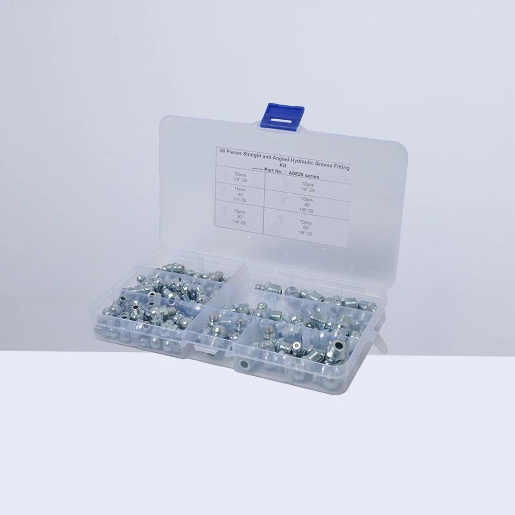 

80pcs Grease Fitting Assortment Kit Steel Construction Set For Bearing Lubrication Plastic Case Included Angle Straight