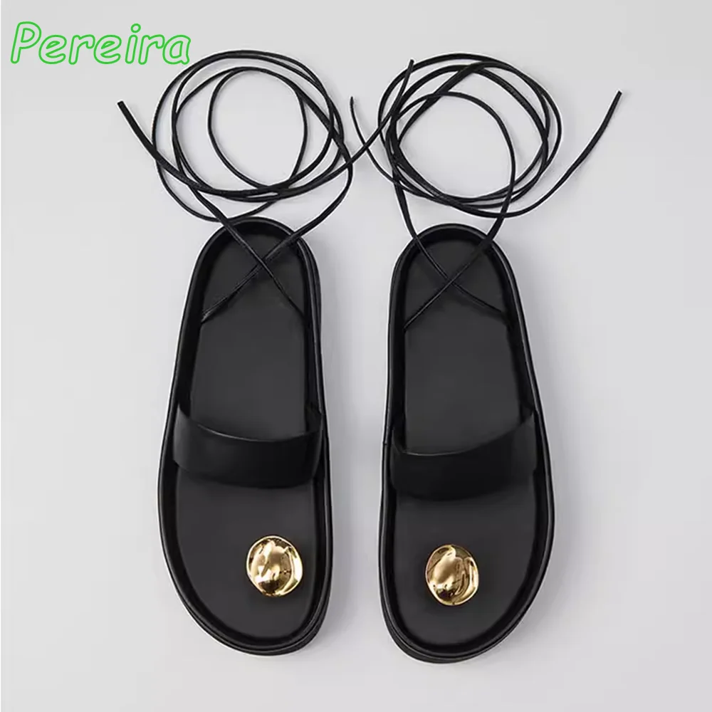 Fashion New Clip Toe Flat With Sandals Metal Ball Decor Lace-up Thick Sole Sexy Roman Women Shoes Beach Summer 2024 Black Solid