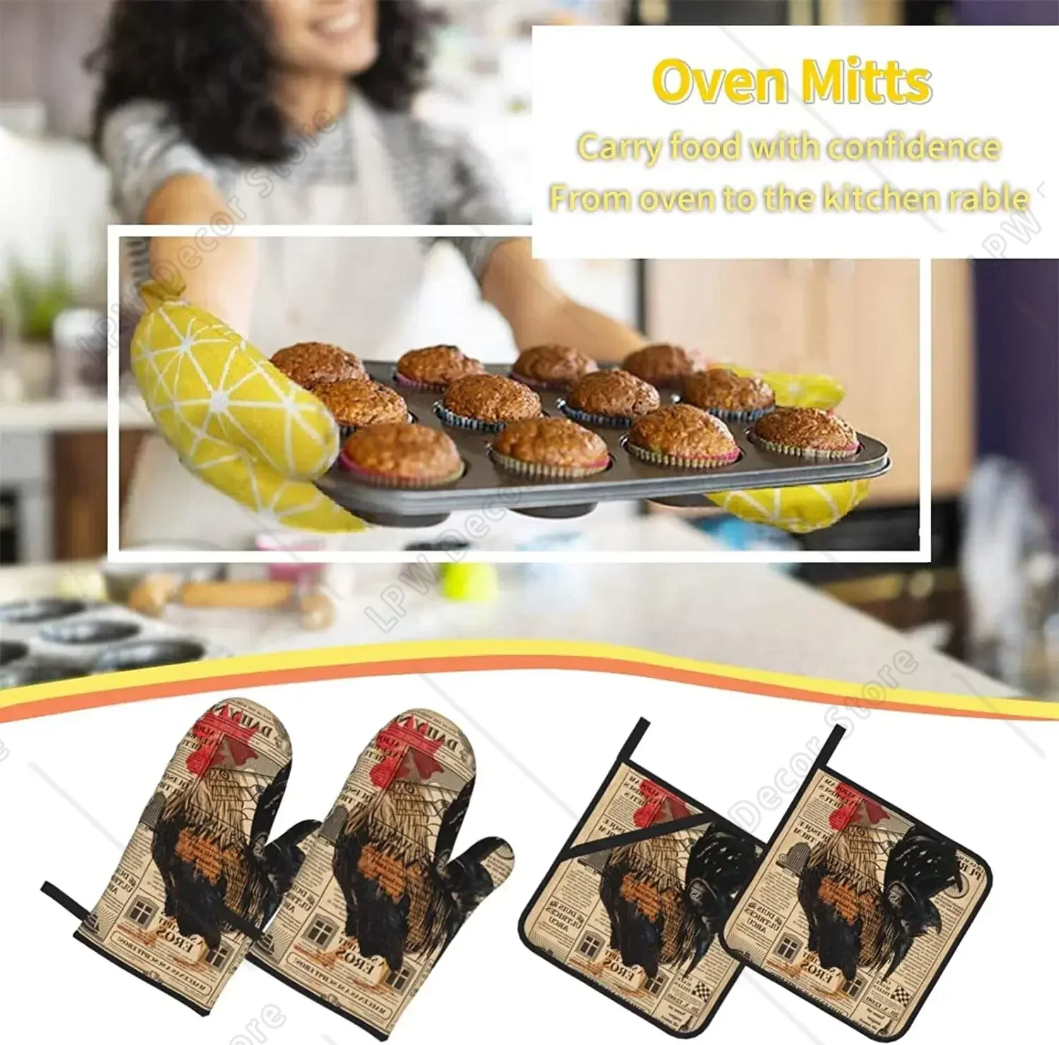 Vintage Newspaper Rooster Oven Mitts and Pot Holders Set of 4 Cotton Lining with Hot Pads Heat Resistant Microwave Gloves - view 5