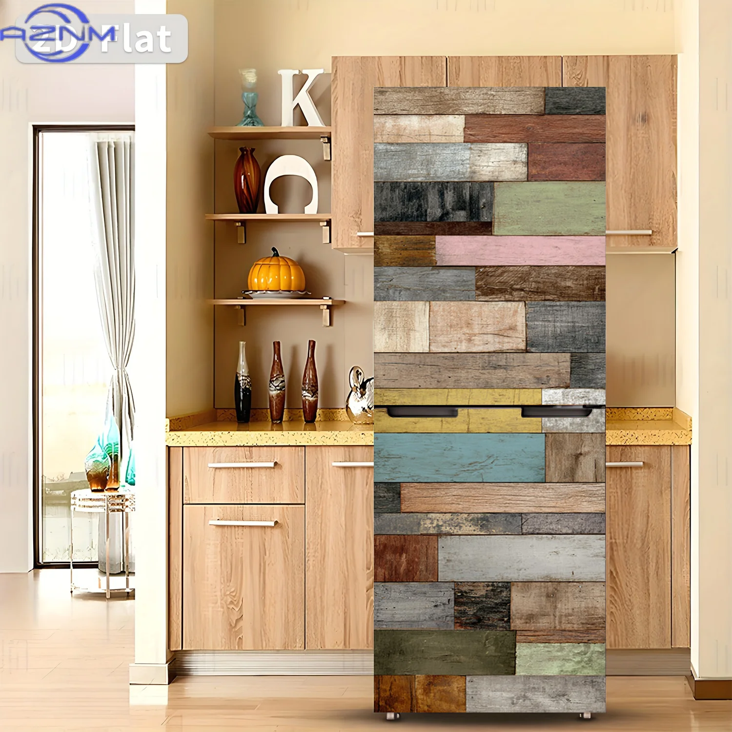 2D Flat Printing 1pc Refrigerator Sticker  Colorful Wood Plank Patchwork Themed Design Self-Adhesive Wall Decal Wallpaper Suit