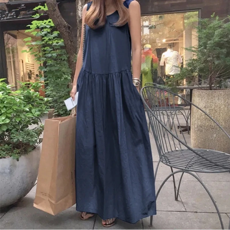 Gaun tanpa lengan leher bulat untuk wanita, ukuran besar katun dan Linen longgar, rompi panjang tidak beraturan, Saku, kasual, musim panas