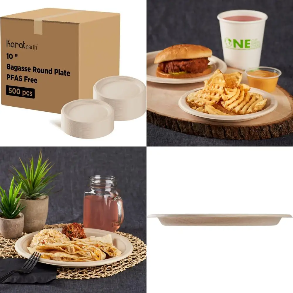 

Compostable 10-Inch Biodegradable Plates Natural Microwave Safe PFAS-Free Bulk Case 500 Count