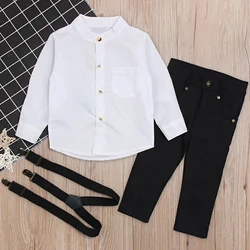 Lente Jongens Boetiek Kleding Set Mode Gentleman Witte Lange Mouw Katoenen Baby Tops + Broek + Bandjes Koreaanse Kinderkleding BC1057-1
