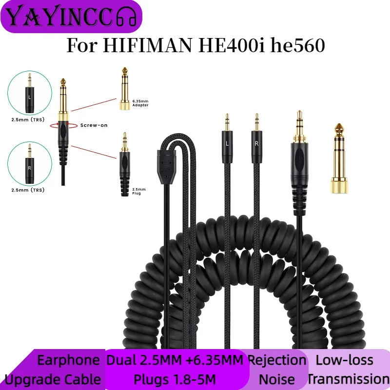 

YAYINCC Replacement Spring wire Audio Cable (Dual 2.5mm Plugs Version) +6.35MM Plug For HIFIMAN HE400i he560 Headphones ，