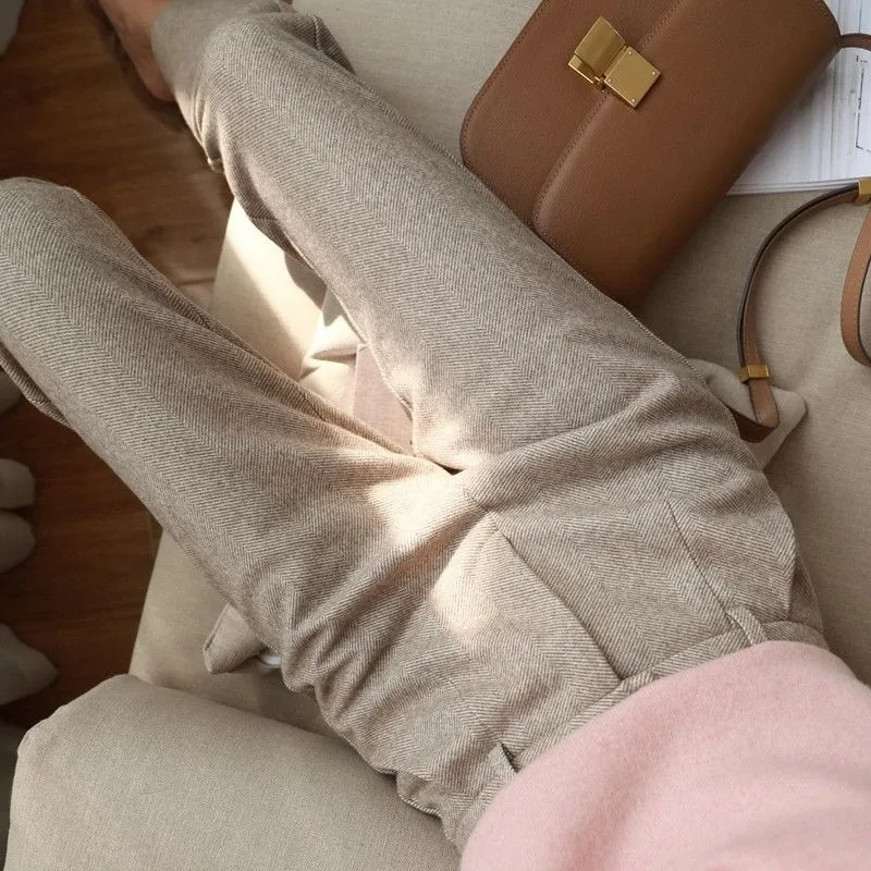 Herringbone Pattern Woolen Pants Women's Autumn and Winter New High Waist Slimming Straight Casual Pants Harlan Foot Pants