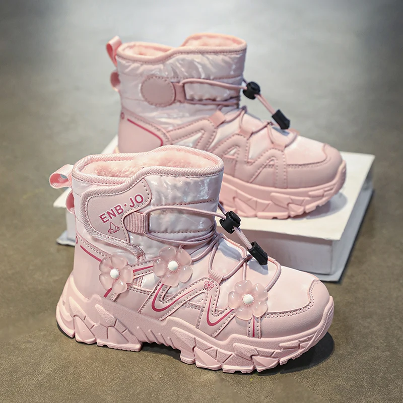 

Pink Girls Snow Boots Flowers Print Cute Children Winter Shoes Plush Sneaker Tennis Casual Sports Outdoor Ankle Boots for Girls