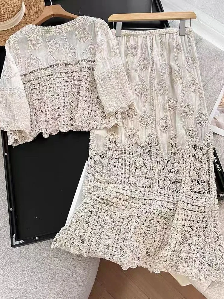 Elegant Bohemian Short Sleeve T-Shirt Long Skirt Set Two-Piece Knitted Hollow out Embroidery Chic Summer Fashion Women's Ense...