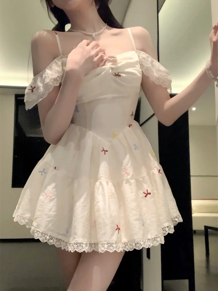 Japanese Y2k Kawaii Mini Dress Women Casual Lace Patchwork Bow Print Sleeveless Strap Dress Summer Evening Party Fashion Chic