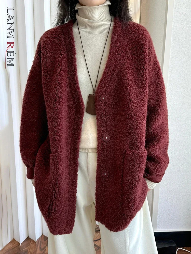 

[LANMREM] Office Lady Wool Knit Sweater For Women V Neck Single Breasted Thick Warm Loose Coats Fashion 2024 Winter New 26C1418