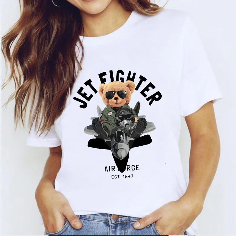 

Explosive Fighter Pilot Teddy Bear Casual Short-sleeved T-shirt Ins Oversized T Shirt Graphic Tshirts Tops Q1