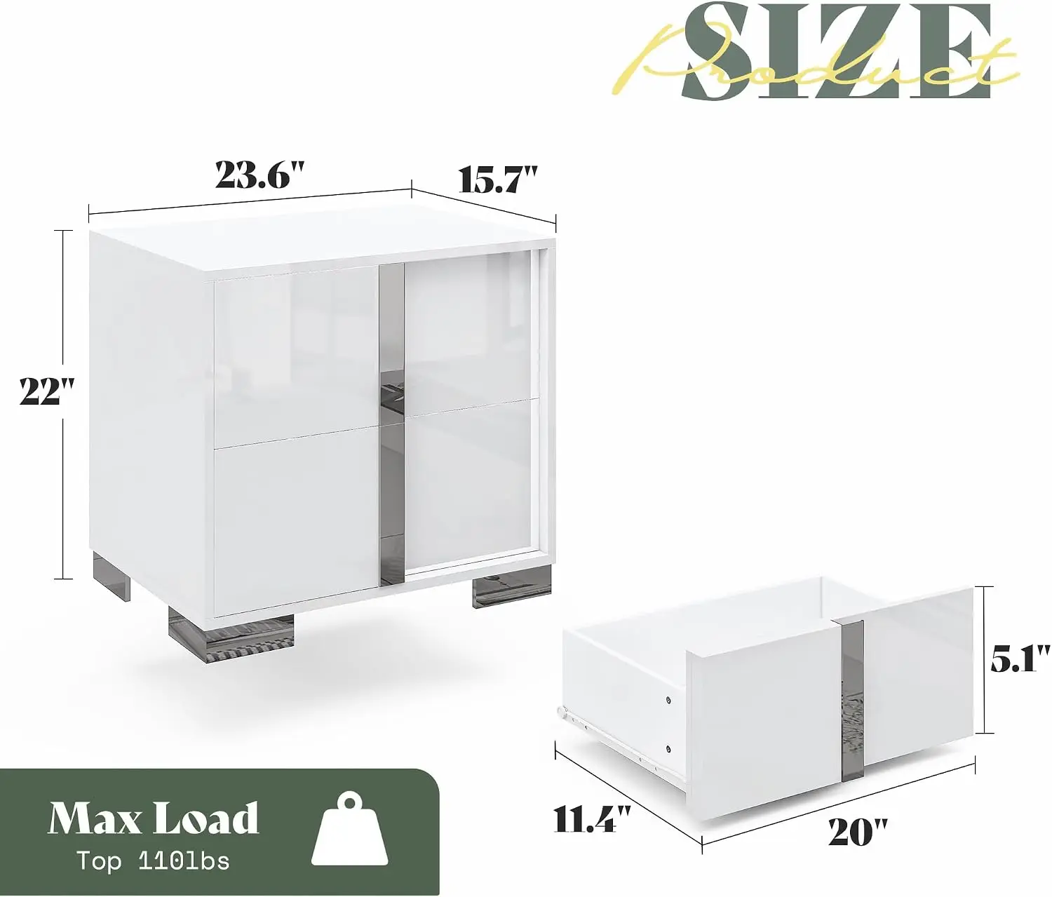 Nightstand Set of 2, 23.6'' Modern End Table with Drawers, High Gloss UV Finish, Electroplated Pull Handle, Customized