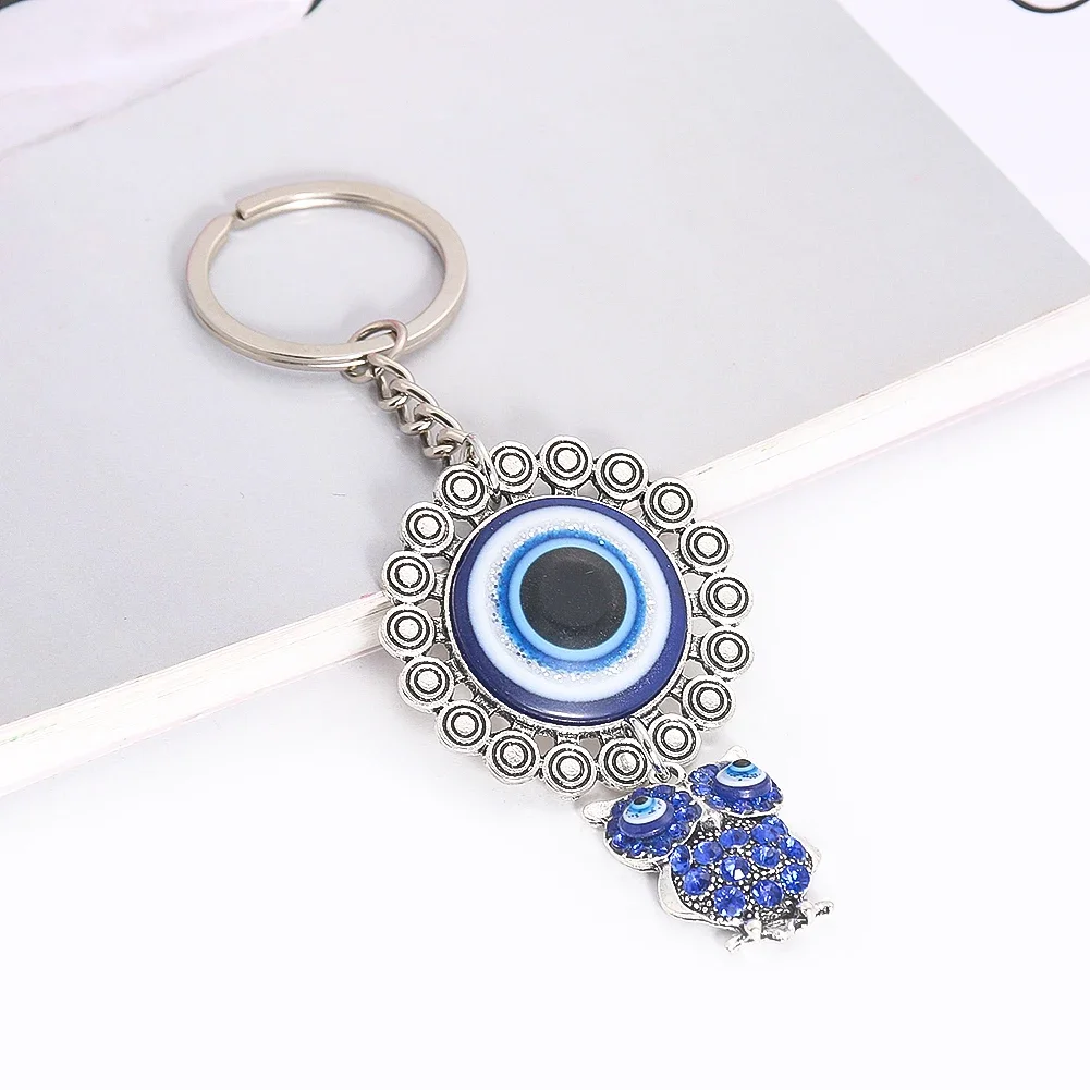 Keyring Blue Eye of Evil Alloy Base Owl Pendant Keychain Sapphire Decoration Shool Bag Charm Key Chain for Wall Hanging Ornament