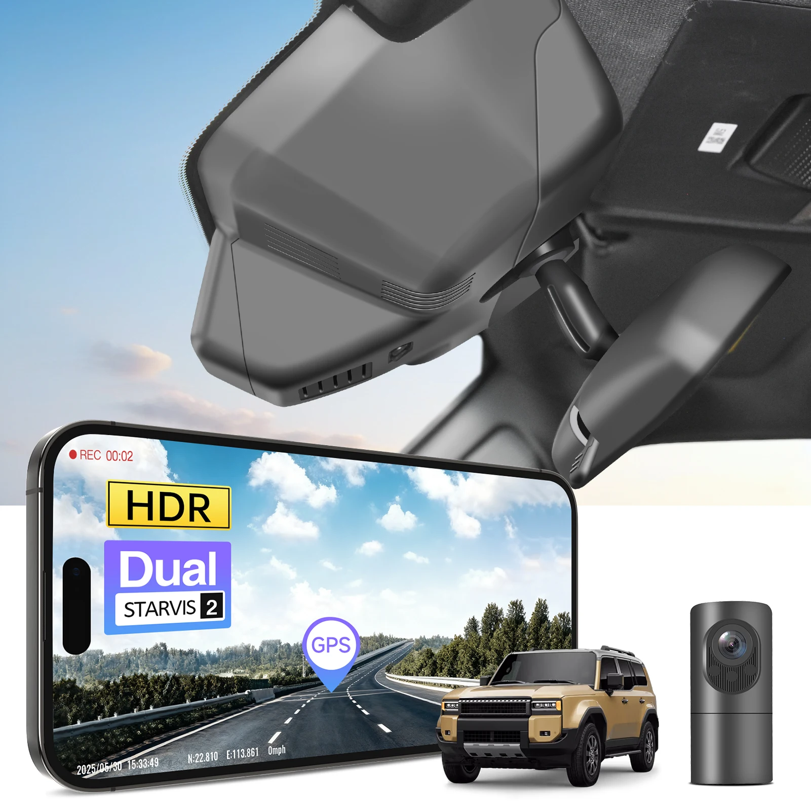 Câmera de Painel Dedicada Mangoal 4K com Sensor STARVIS 2 para Toyota Land Cruiser, GPS, WiFi 5GHz e APP, Câmera Automotiva Plug and Play