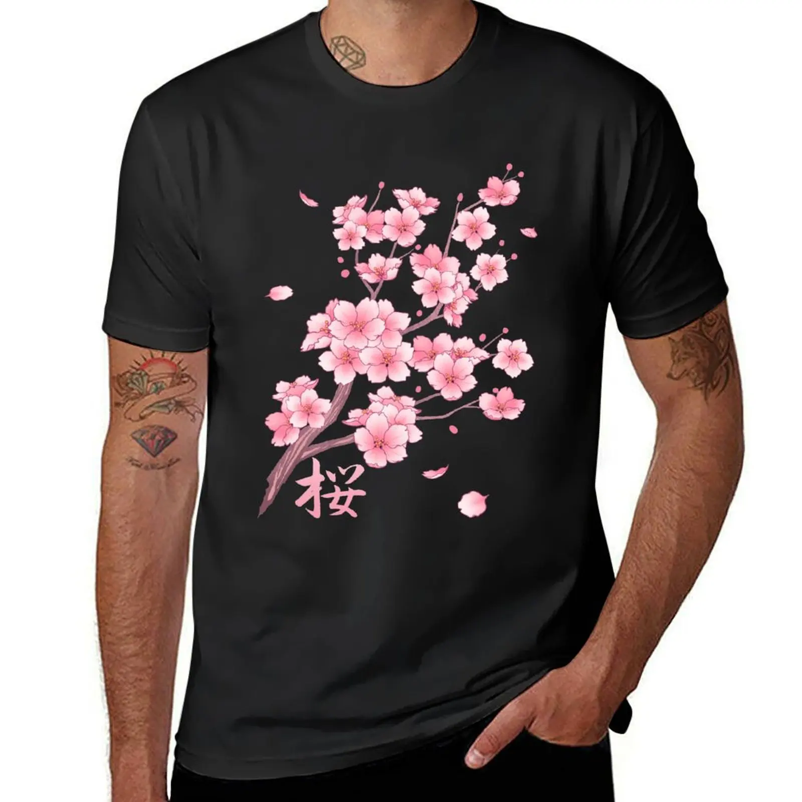 

Falling Pink Sakura Cherry Blossom branches on white T-Shirt quick drying graphics mens clothing