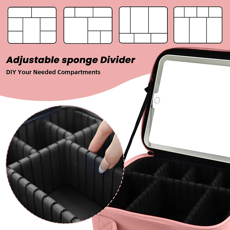 Makeup Bag with LED Lighted Mirror 3 Color Temperatures, Travel Cosmetic Case Adjustable Dividers,  Toiletry Case Gift for Women