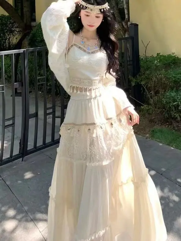 

N Rhapsody винтажный этнический комплект с длинной юбкой и кисточками, женский ансамбль Faion, летняя коллекция из хлопчатобумажной ткани