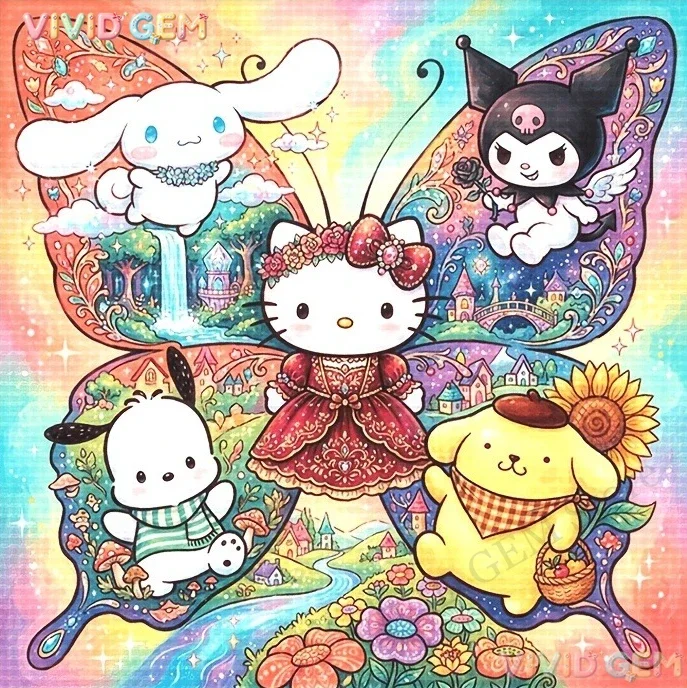 VIVID GEM Diamond Painting Hello Kitty Pompompurin Bakugan Butterfly Wings Waterfall Starry Sky Mosaic Wall Art Craft Kit Home