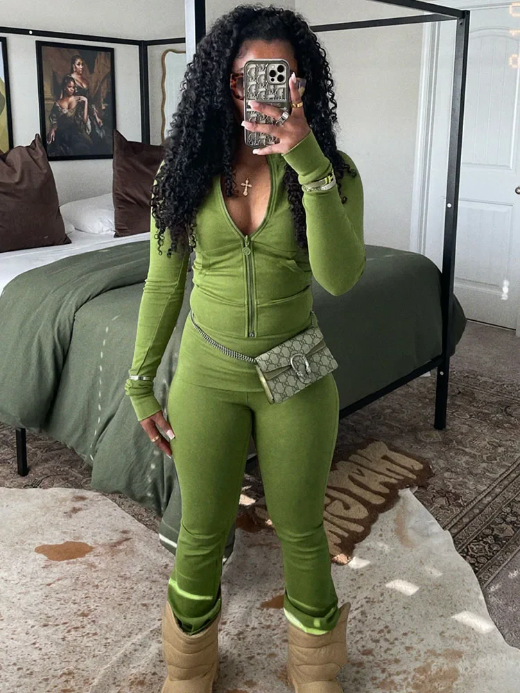 

Solid Casual Tracksuit Women Two Piece Set Sportwear Fitness Outfits Long Sleeve Zipper Pocket Top and Flare Pants Matching Sets