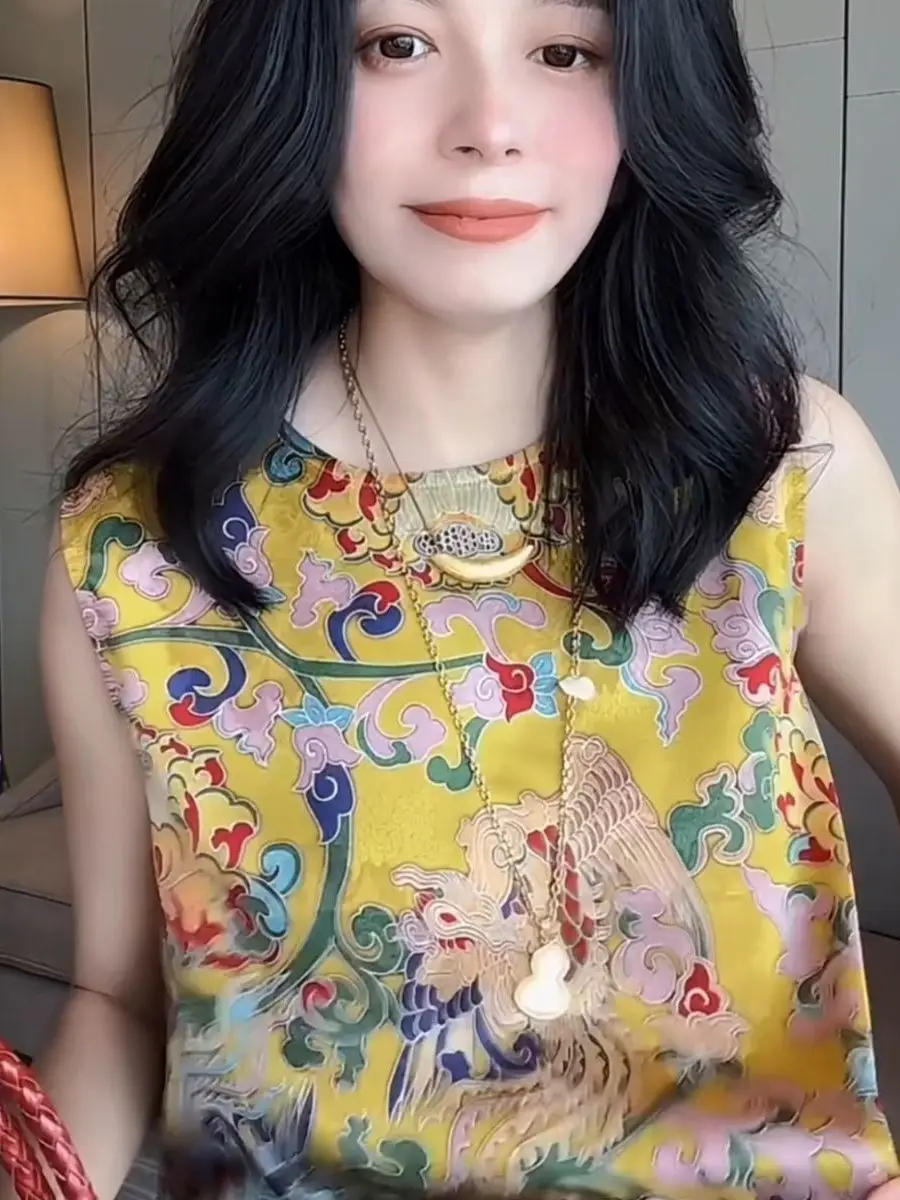 Nouveau chinois Sle industrie lourde Faion gilet haut imprimé tendance nationale rétro haut de gamme Aosphère femmes irt coréen lâche...