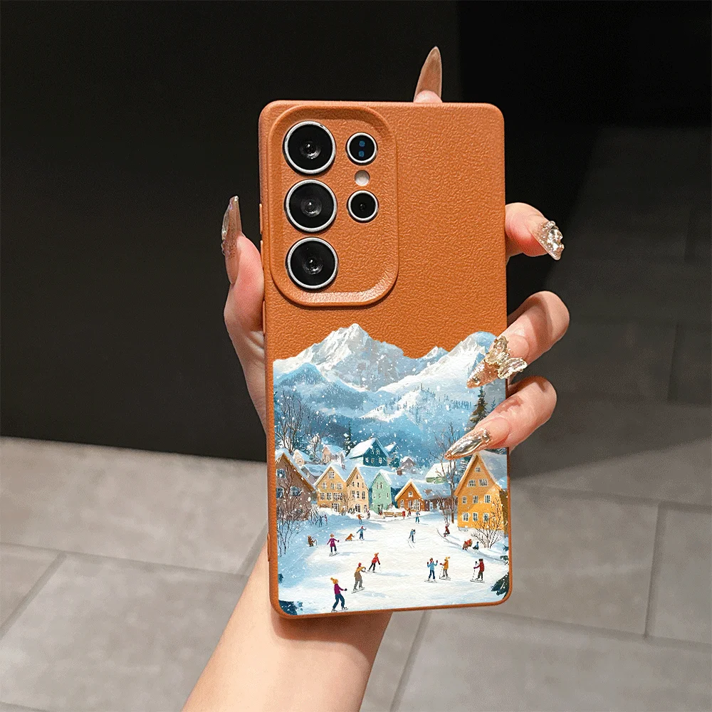 Street Building Winter Snow Scenery Pattern Lychee Phone Case for Samsung Galaxy S26 FE S25 Ultra S24 S23+ S22 Plus Soft Covers