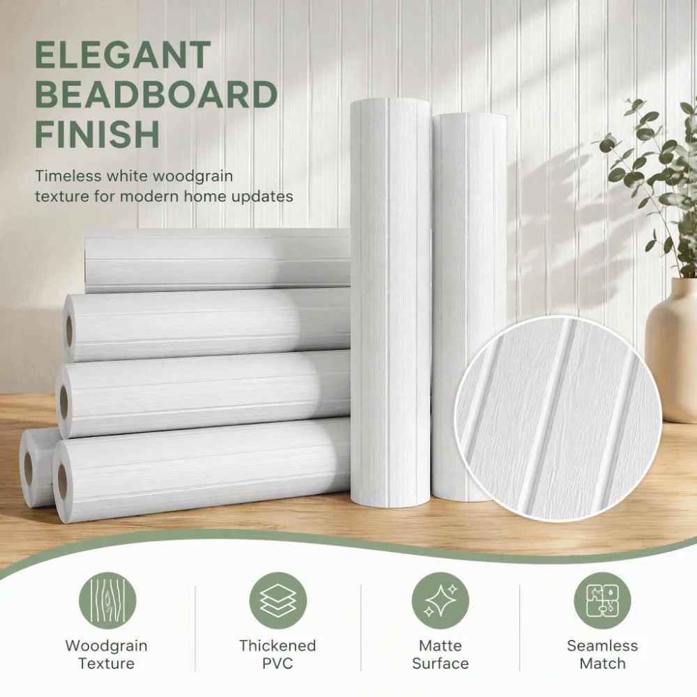 Practical PVC Beadboard Wallpaper White Removable Wall Covering Sheet Woodgrain Wall Decor Sheet Bathroom Wall Decoration