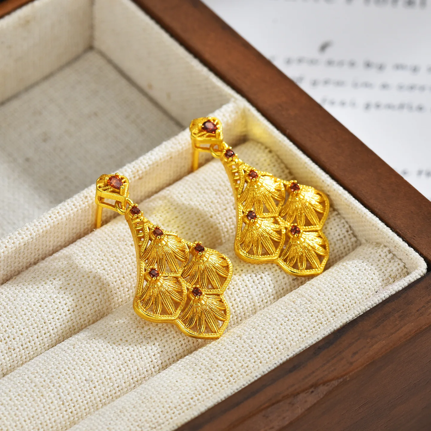 AU999 24K pure gold women hollow maple leaf red diamond inlaid stud earrings, autumn delicate gold ear jewelry for ladies daily