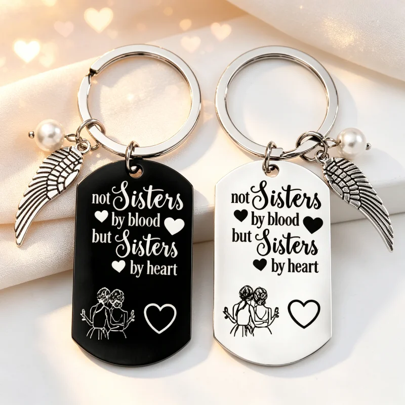 Not Sisters By Blood Keychain, Black and Silver, Pearl Wing Pendant, Girlfriend Gift.