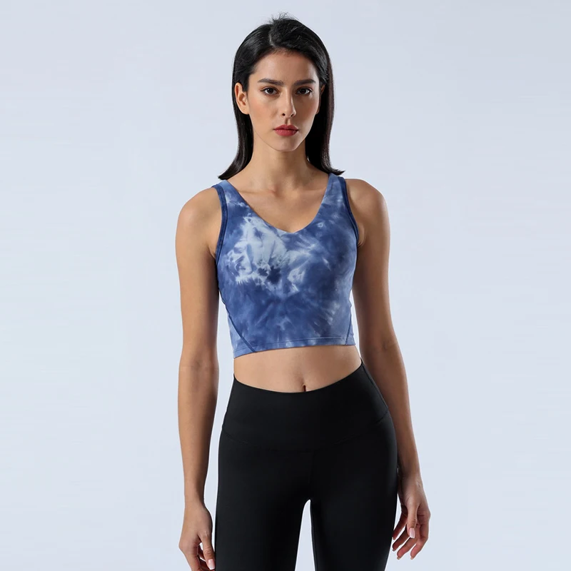 Feminino Tie-Dye ou Solid V-Neck Backless Crop Top, Regata sem mangas com logotipo, respirável, Yoga, Fitness, Correndo, ao ar livre