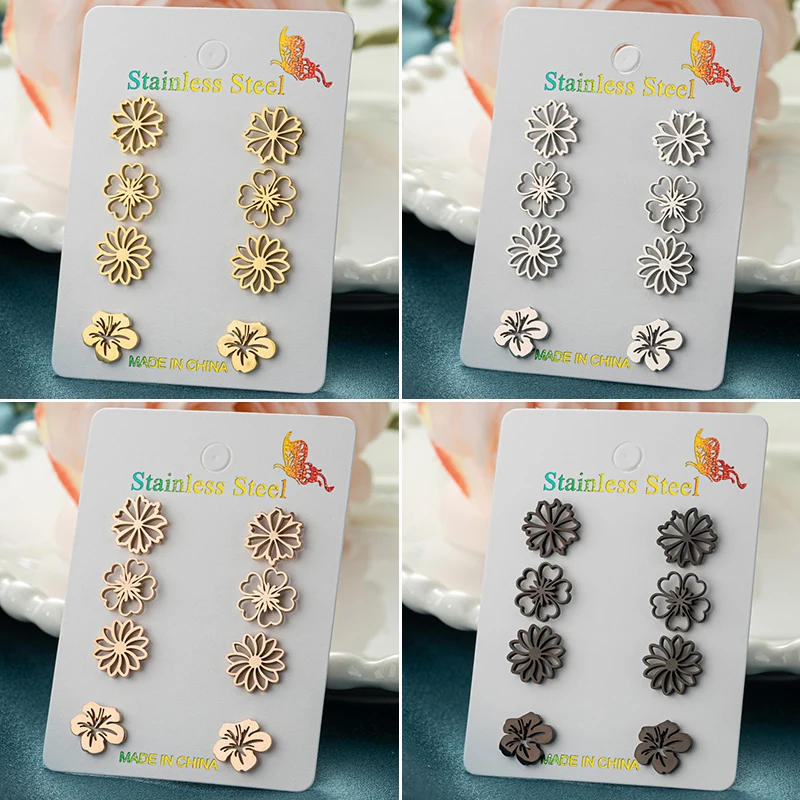 4Pairs/Lot Fashion Flower Stainless Steel Mini Stud Earrings for Women Cute Star Moon Heart Earings Jewelry Set Valentine\'s Gift