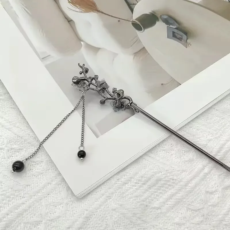 Classic Metal Hair Stick With Ink Flower Chinese Hanfu Hair Accessories Pearl Tassel Hairpin Cheongsam Decor Hair Bun Jewelry