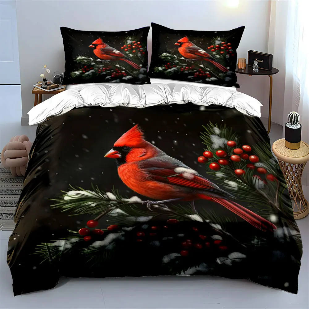 A vivid cardinal perched on snowy branches with red berries Print Duvet Cover Bedding Set Included 1*Duvet Cover 2*Pillowcases