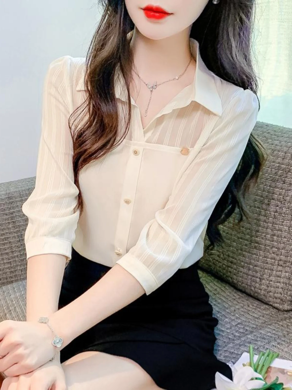 

Spring Fashionable Seven-Quarter Sleeve Women's Shirt Design Slimming Belly Covering Chiffon Top Korean Style Loose Fit