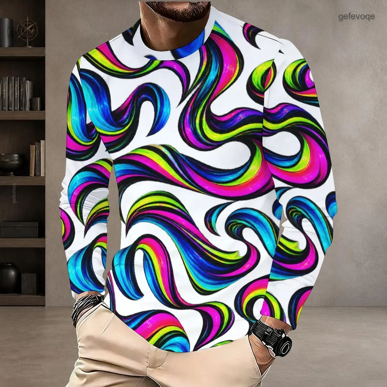 Men Abstract Purple Blue Swirl Print White Base Round Neck Long Sleeve Pullover T-Shirt