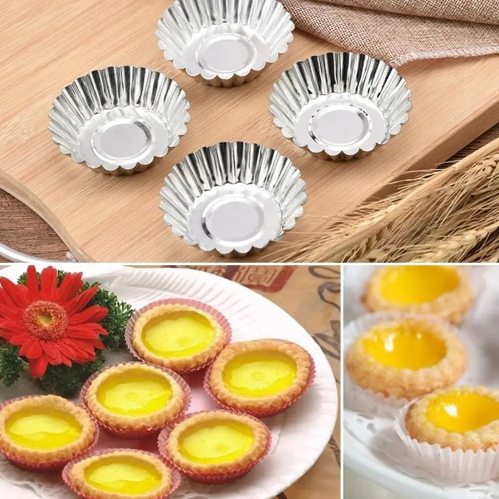 

50Pcs Reusable Egg Tart Cup Mold Aluminium Alloy Thickened Kitchen Baking Mold Non-Stick Flower Shape Tart Muffin Molds