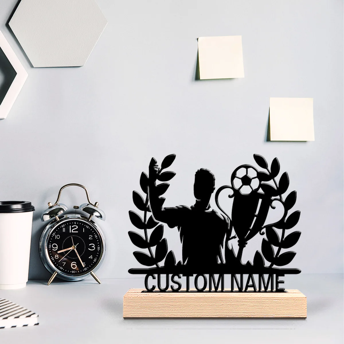 1pc Fun Personalized Custom Soccer trophy Metal Statues Celestial Decor with Wooden Frame, Ideal for Bedrooms, Nurseries, Boho