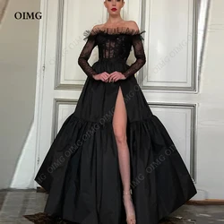 OIMG Black Taffeta Long Evening Dresses A Line Lace Side Slit Wedding Party Gown Full Sleeves Floor Length Prom Dress For Women