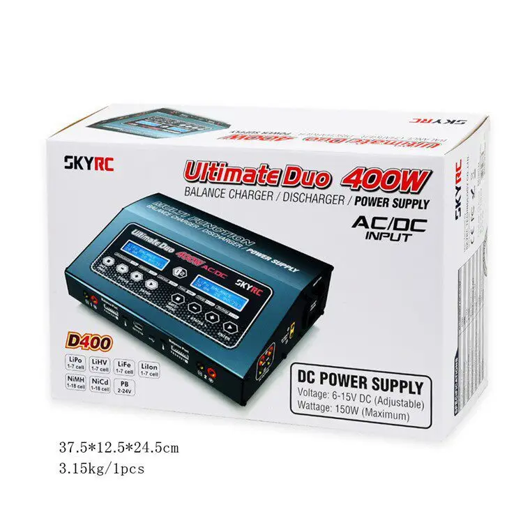 SKYRC Ultimate Duo 400W Charger, High Power 20A Independent Dual Output with Power Supply