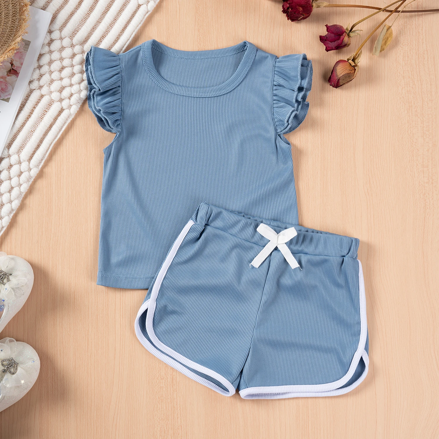 Summer Baby Cute Girl Fly Sleeve Shorts T-Shirt Set Ruffle Costume Set Kids Kids Shorts Casual Wear Oufits