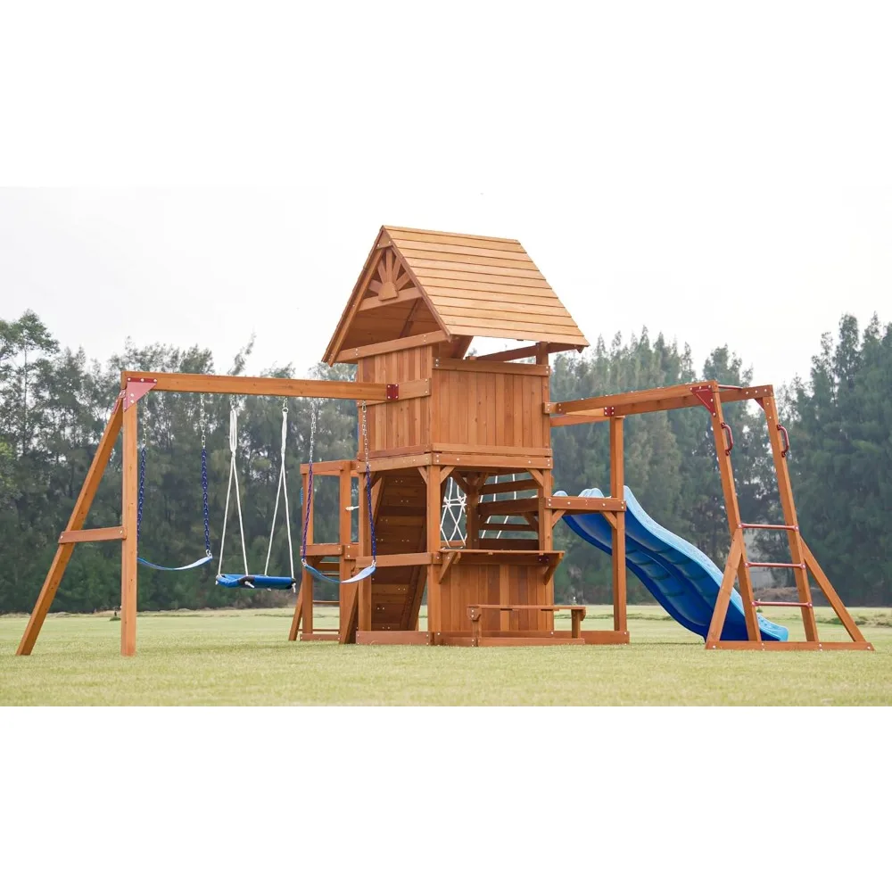 

Swing Sets for Backyard with Plank Bridge, Wooden Playground Sets for Backyards with 2 Wave Slides