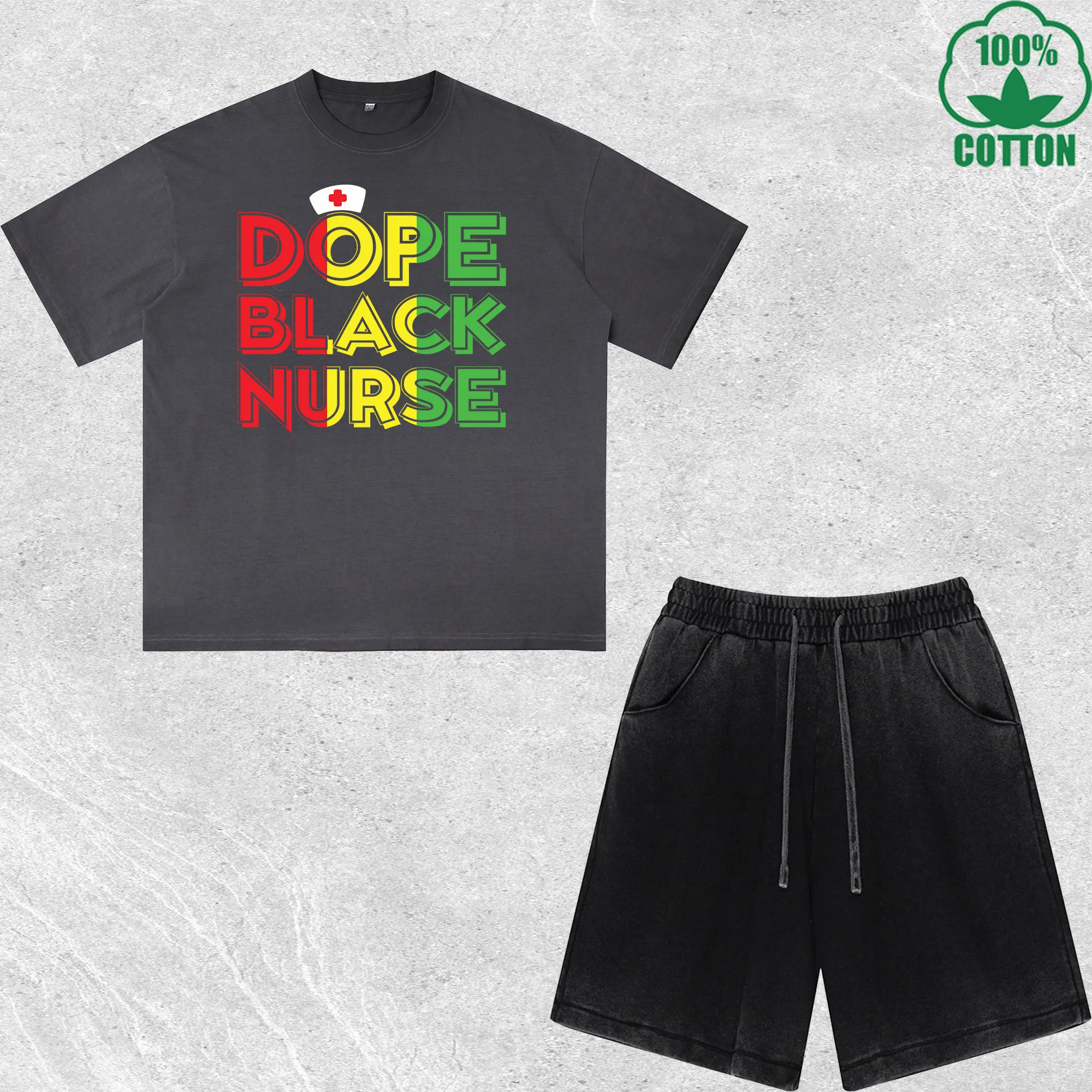 

Dope Black Nurse Printed Dirty Wash T-Shirt Shorts Set Multicolor Combo Loose Trendy Fashionable 100%Cotton Short Value Pack