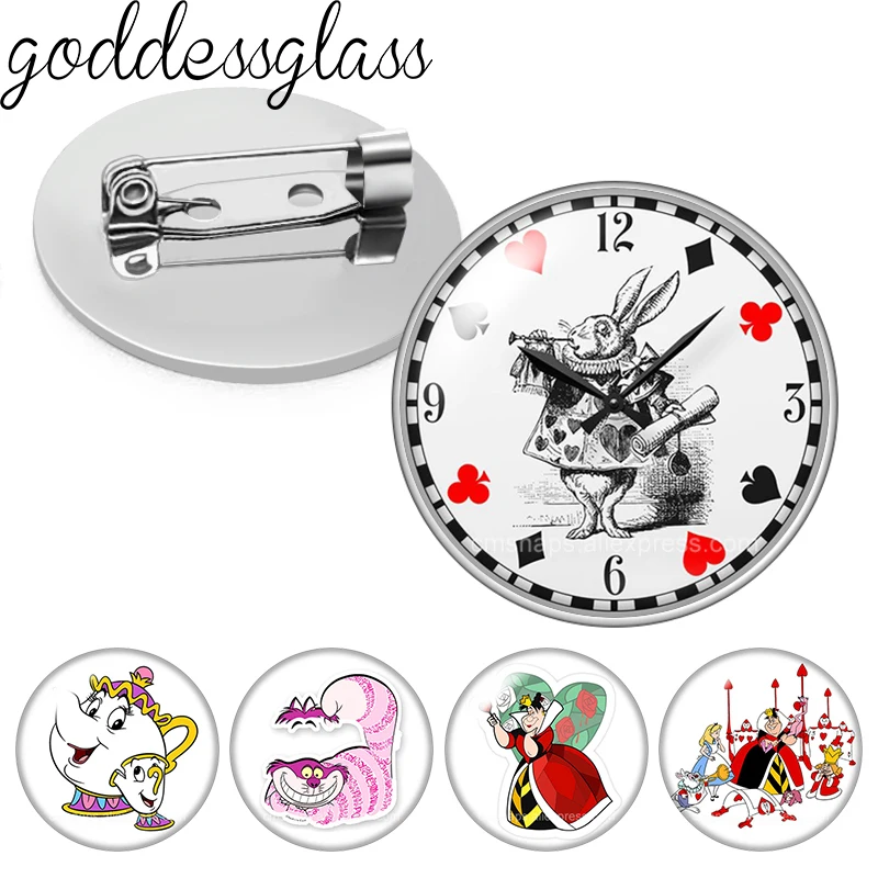 Alice in Wonderland White Rabbit‌ Cheshire Cat Glass cabochon Brooch pinback button Bag Clothes Denim Jeans Lapel Pin Badge