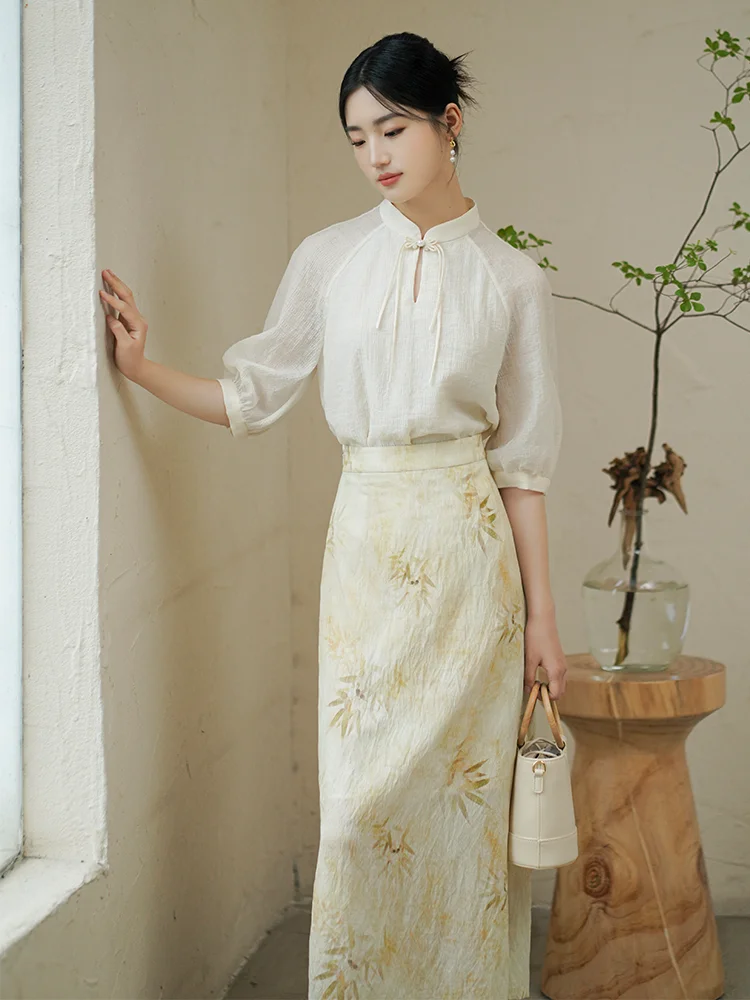 Elegant New Chinese Style Top Summer 2026 New Set Bubble Sleeve Tea Costume National Style Women's Wear Initial Cicada Clothing