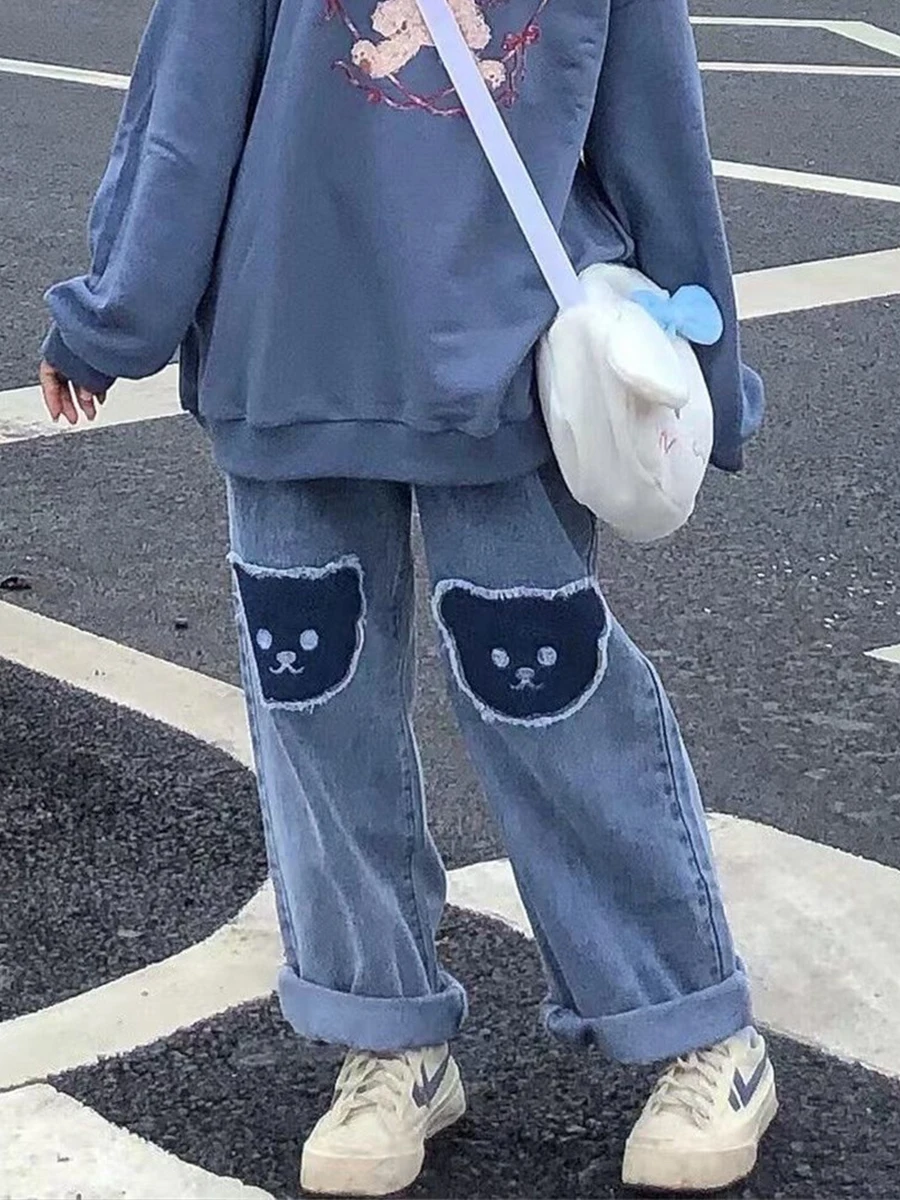 Cute Hip Hop Bear Print Jeans Girls Cool Harm Pants Trousers Female Punk High Waist Denim Baggy INS Autumn Harajuku Jeans Femme