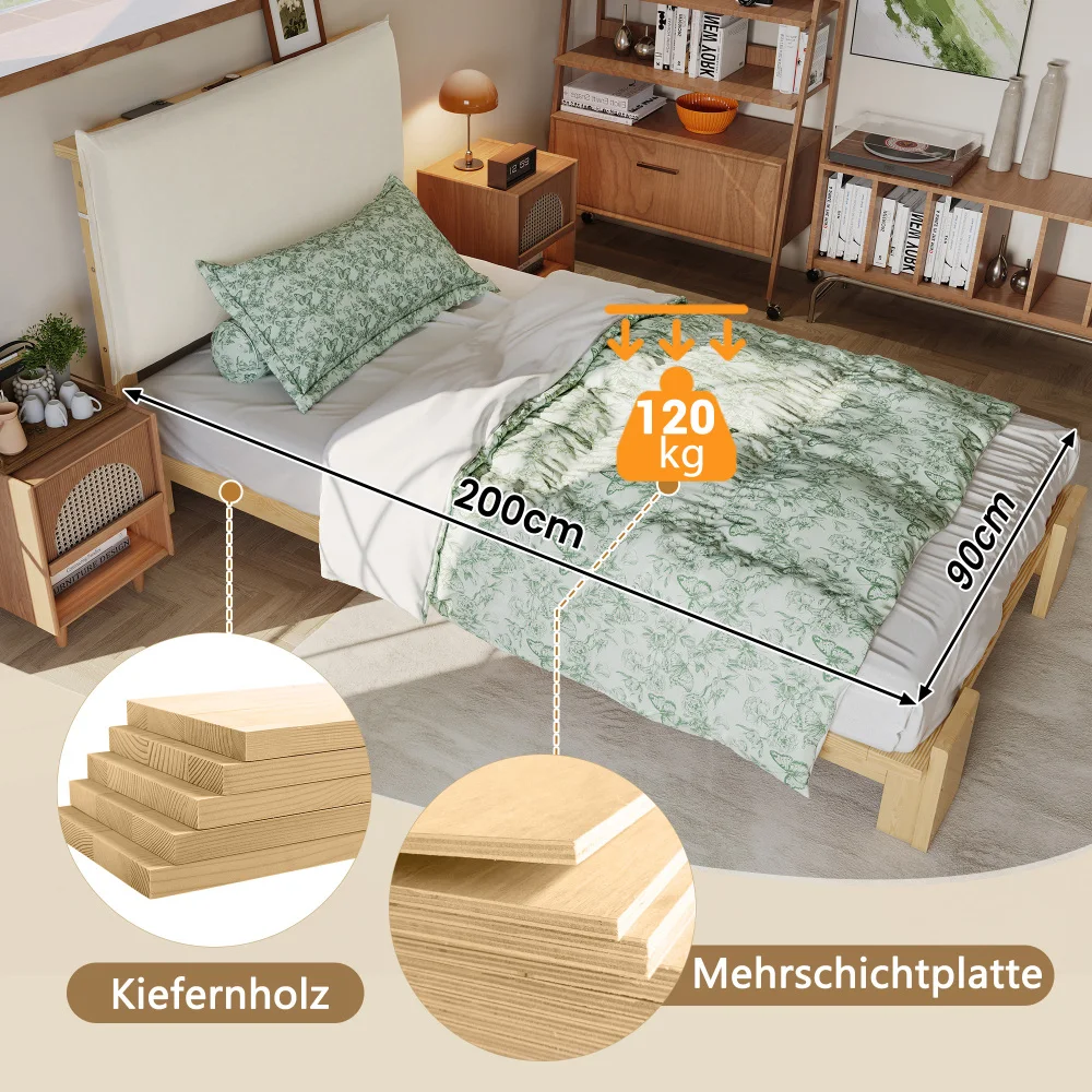 PINGGO Samtbezogenes Einzelbett für Kinder, weiche Rückenlehne, stabiler Rahmen, 90 x 200 cm, Bettgestell aus Kiefernholz, Schaumstoff und Sperrholz, ohne Matratze – Detail 8