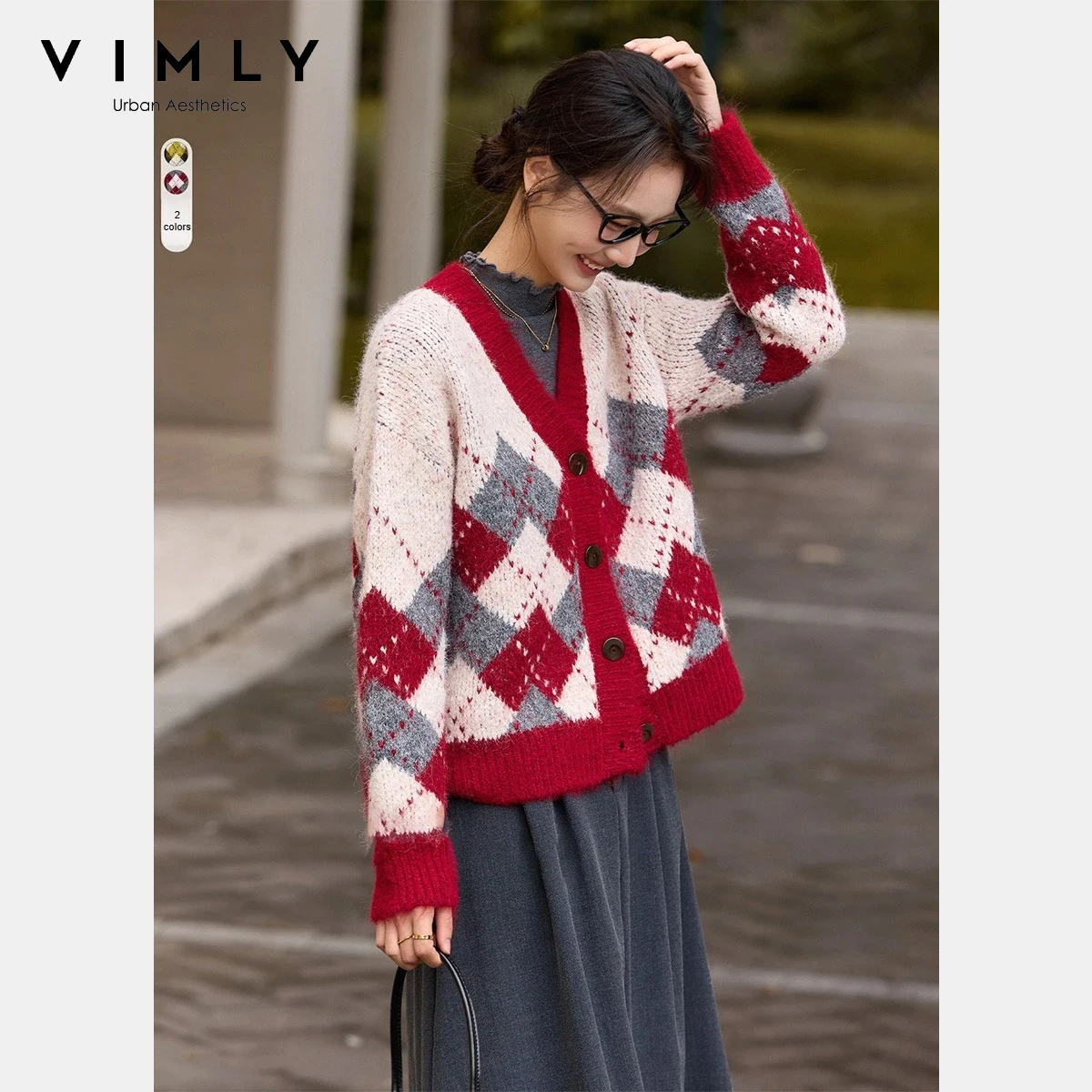 

VIMLY Retro Cardigan for Women 2025 Color Block Argyle V Neck High Elasticity Thick Knit Cardigan Winter Clothes Woman 75295